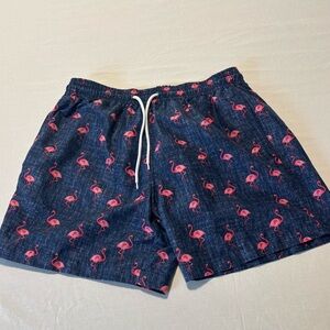 Navy Flamingo Print Men's Swim Trunks